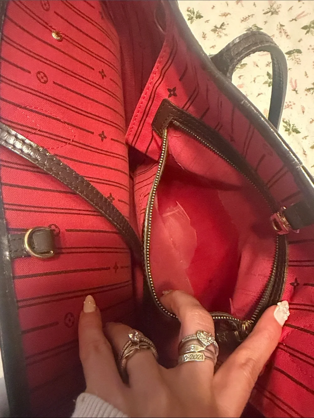 Louis Vuitton Brown Damier Ebene Tote with Red Interior